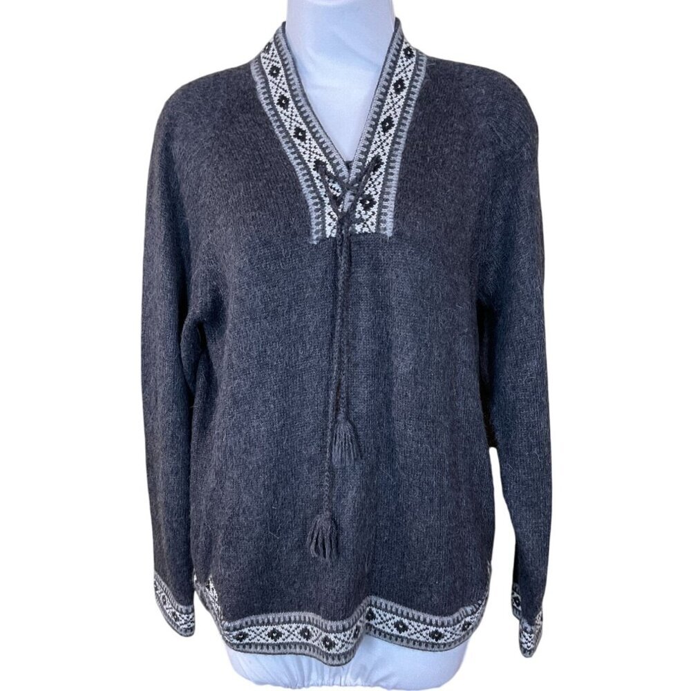 ALPACA Peruvian Wool LS Pullover VTG Gray Lace-Up w/Tassels Sweater Large